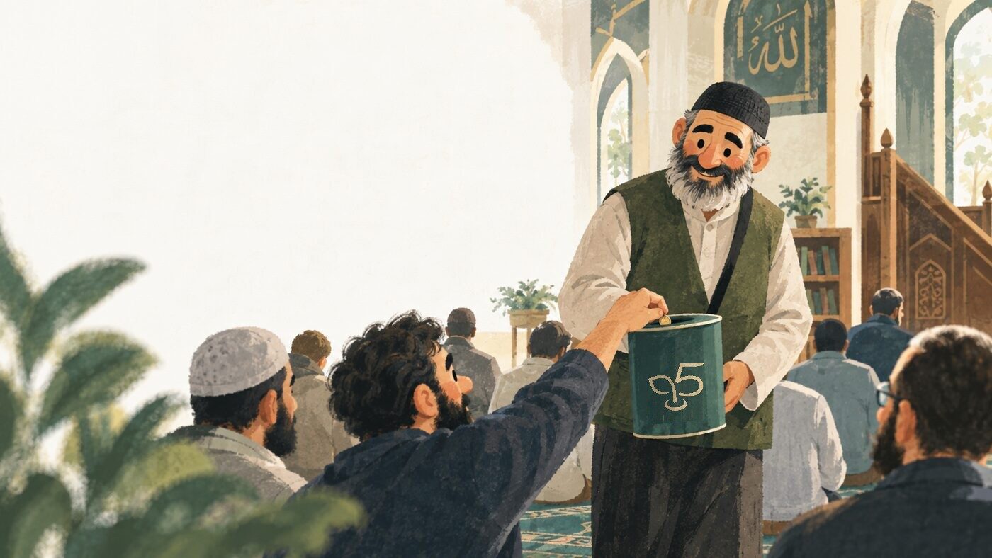 Beim Freitagsgebet gibt ein Besucher seine Freitags-Sadaqah in die Sammelbüchse der Moschee