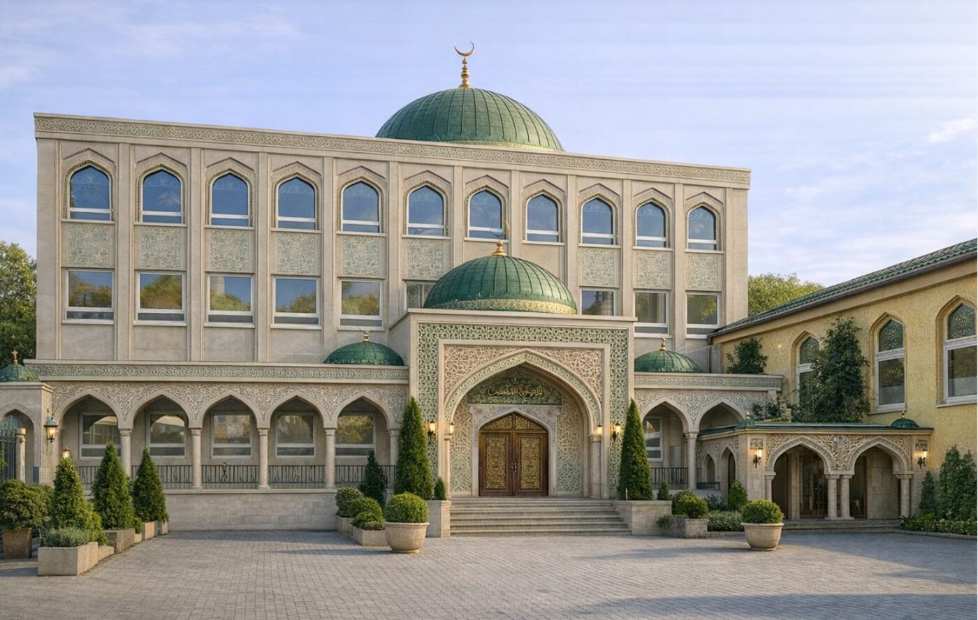 Entwurf des Haupteingangs der neuen Moschee in Wesel mit Kuppel, Bogenfenstern und Vorplatz