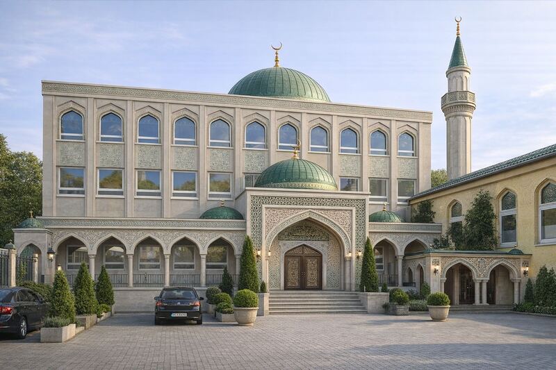 Entwurf der neuen Moschee der DITIB Vatan Camii Wesel am Kaiserring, mit grüner Kuppel und Minarett