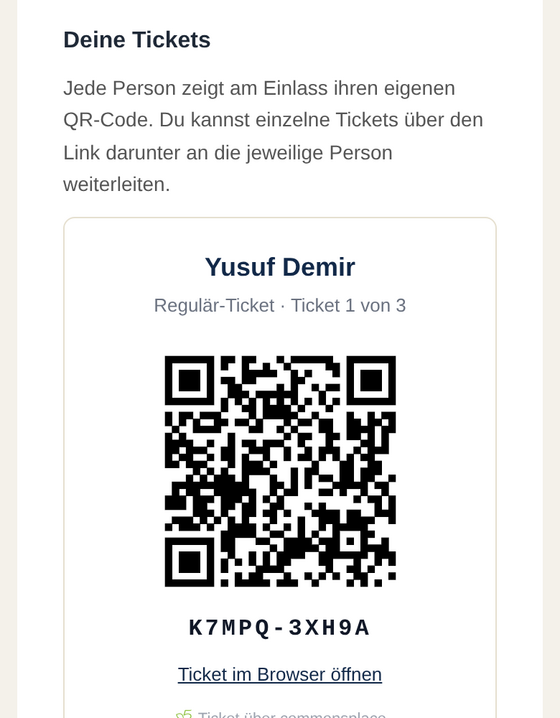 Ticketseite mit QR-Code, Name des Gastes und Ticketart