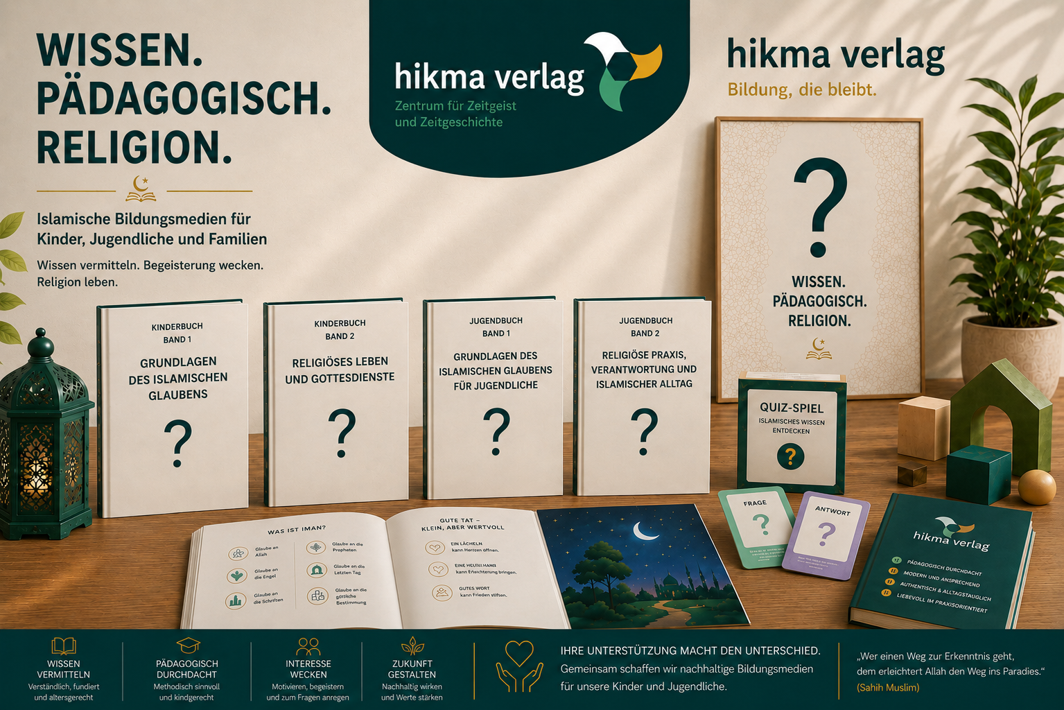 Schlüsselbild des Hikma Verlags mit geplanten Kinder- und Jugendbüchern zu islamischem Glauben und einem Quizspiel