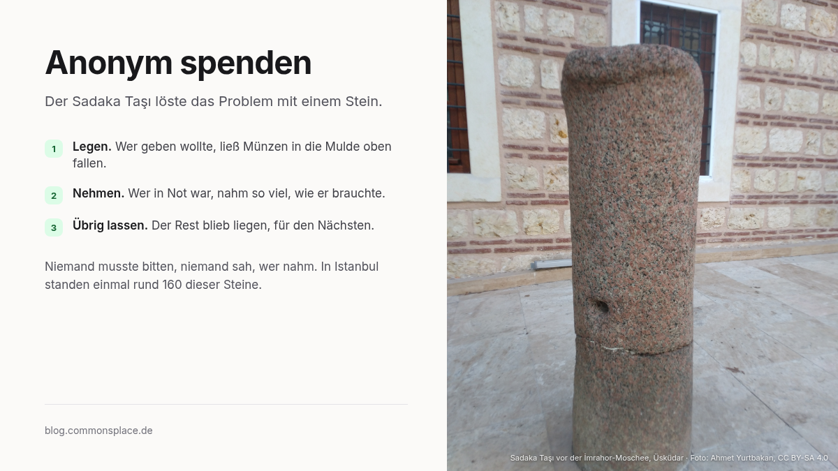 Sadaka Taşı vor der İmrahor-Moschee in Üsküdar, eine Säule aus rotem Granit mit einer Mulde an der Oberseite