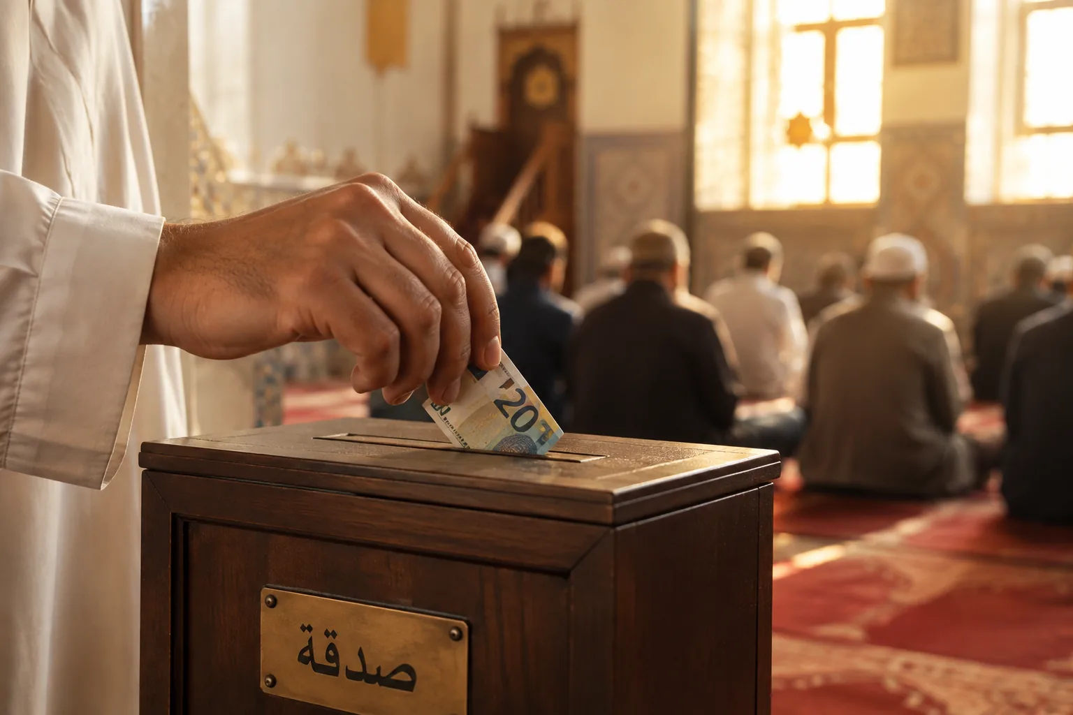 Ein Mann wirft einen Geldschein in eine hölzerne Sadaqah-Box in einer Moschee, im Hintergrund sitzen Betende