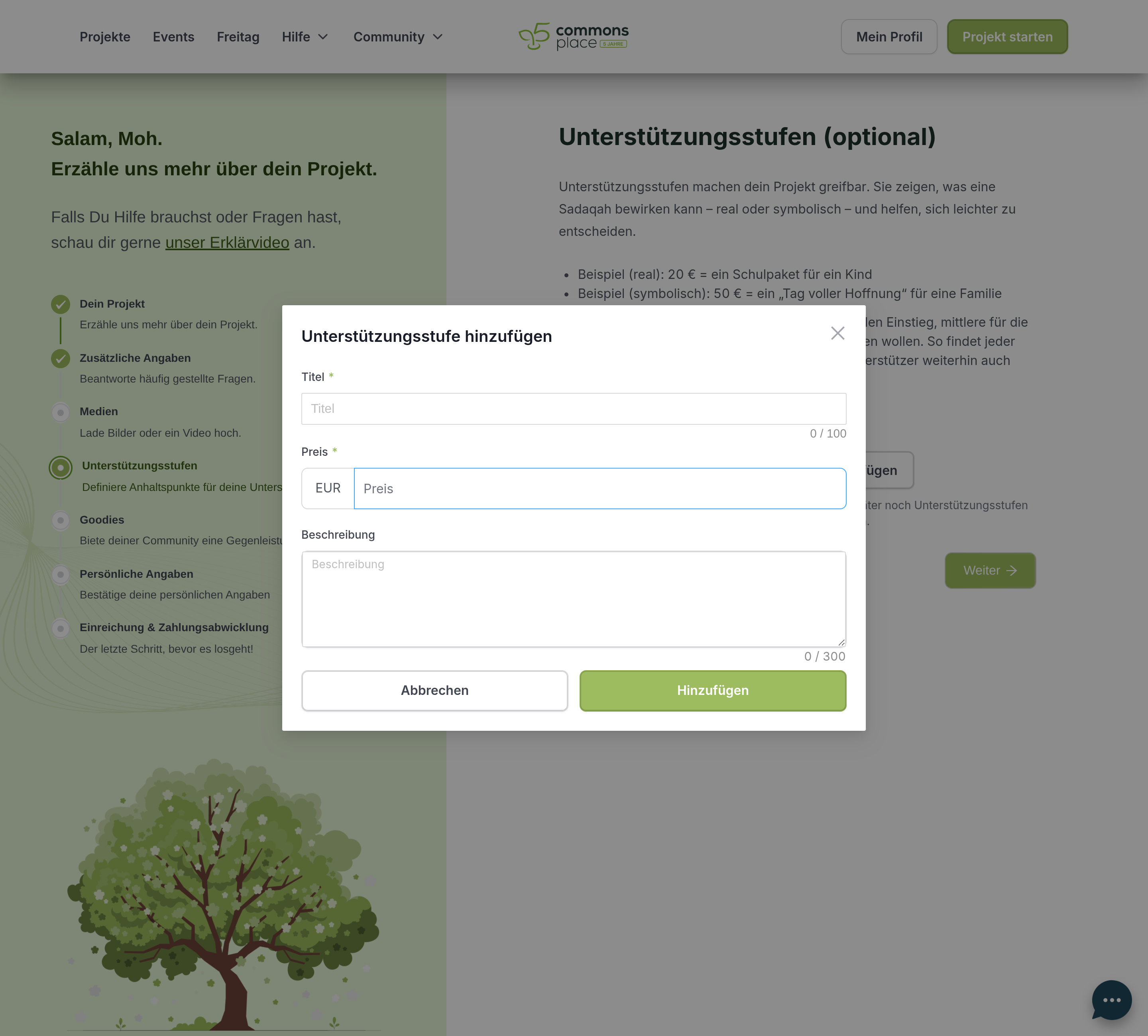 Fenster zum Anlegen einer Unterstützungsstufe mit Titel, Preis und Beschreibung