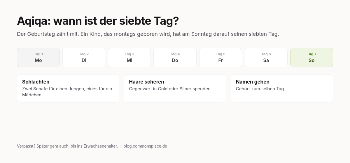 Kalenderleiste von Tag 1 bis Tag 7 mit den drei Handlungen Schlachten, Haare scheren und Namen geben