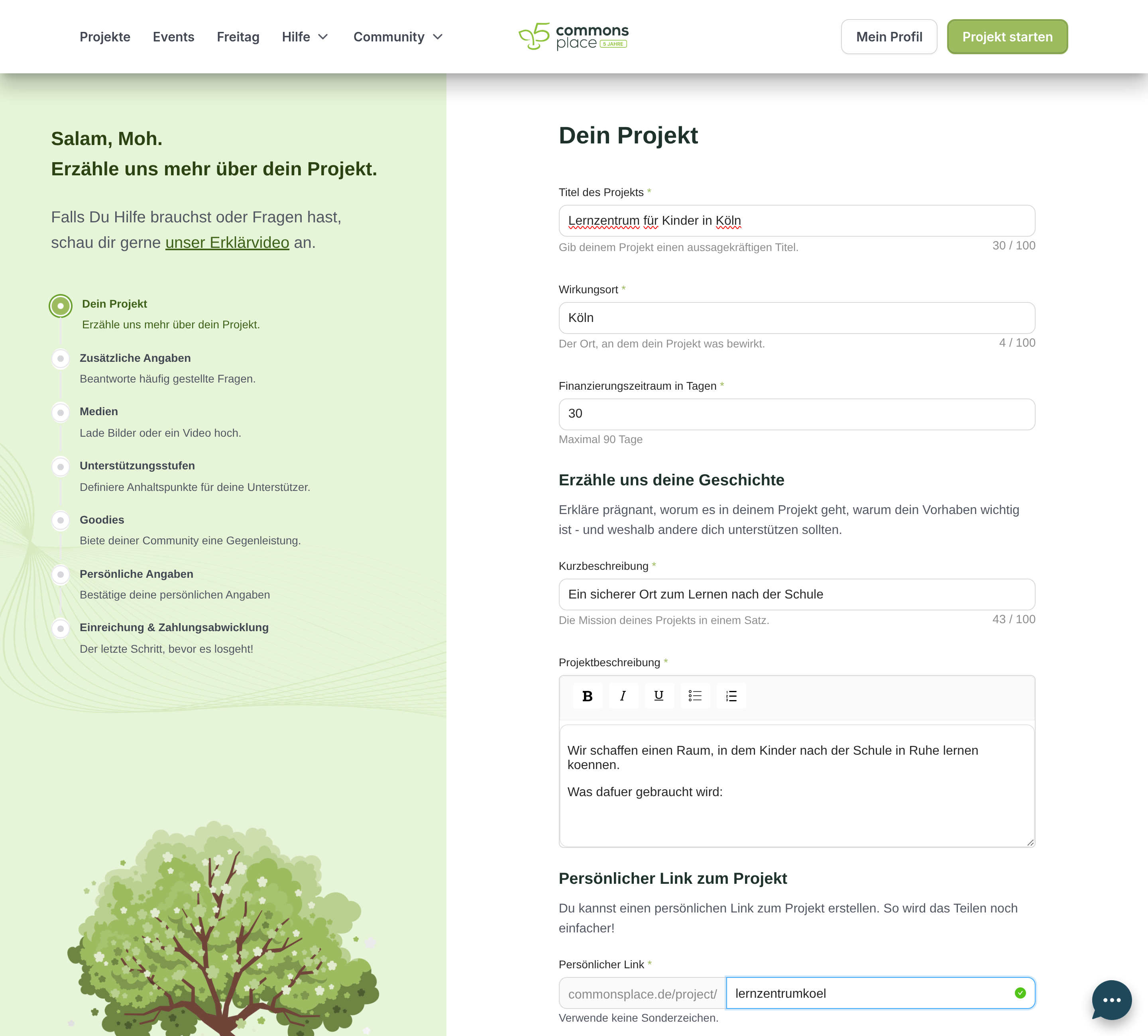 Projektbeschreibung im Formular mit Formatierungsleiste