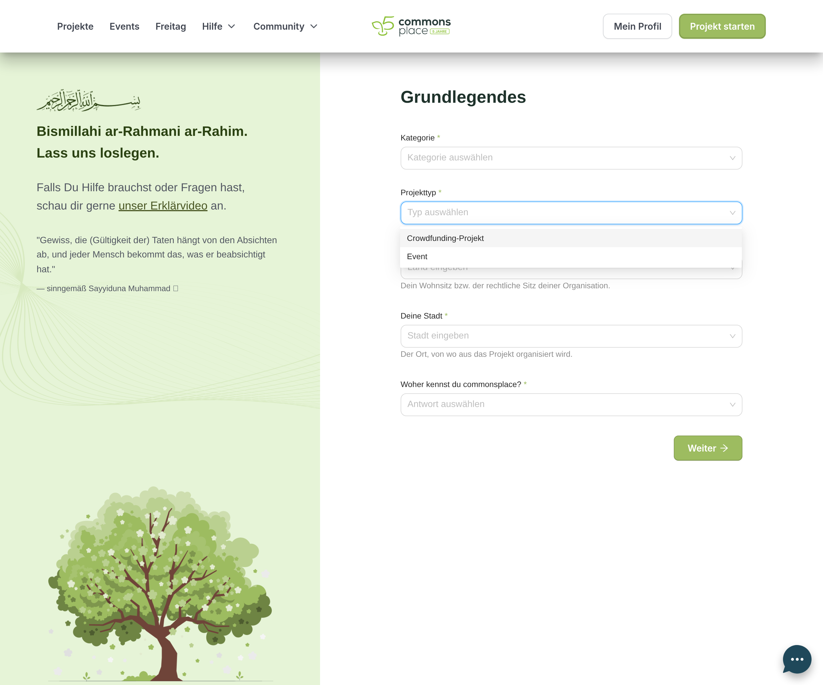 Auswahl des Projekttyps im Formular mit den Optionen Crowdfunding-Projekt und Event
