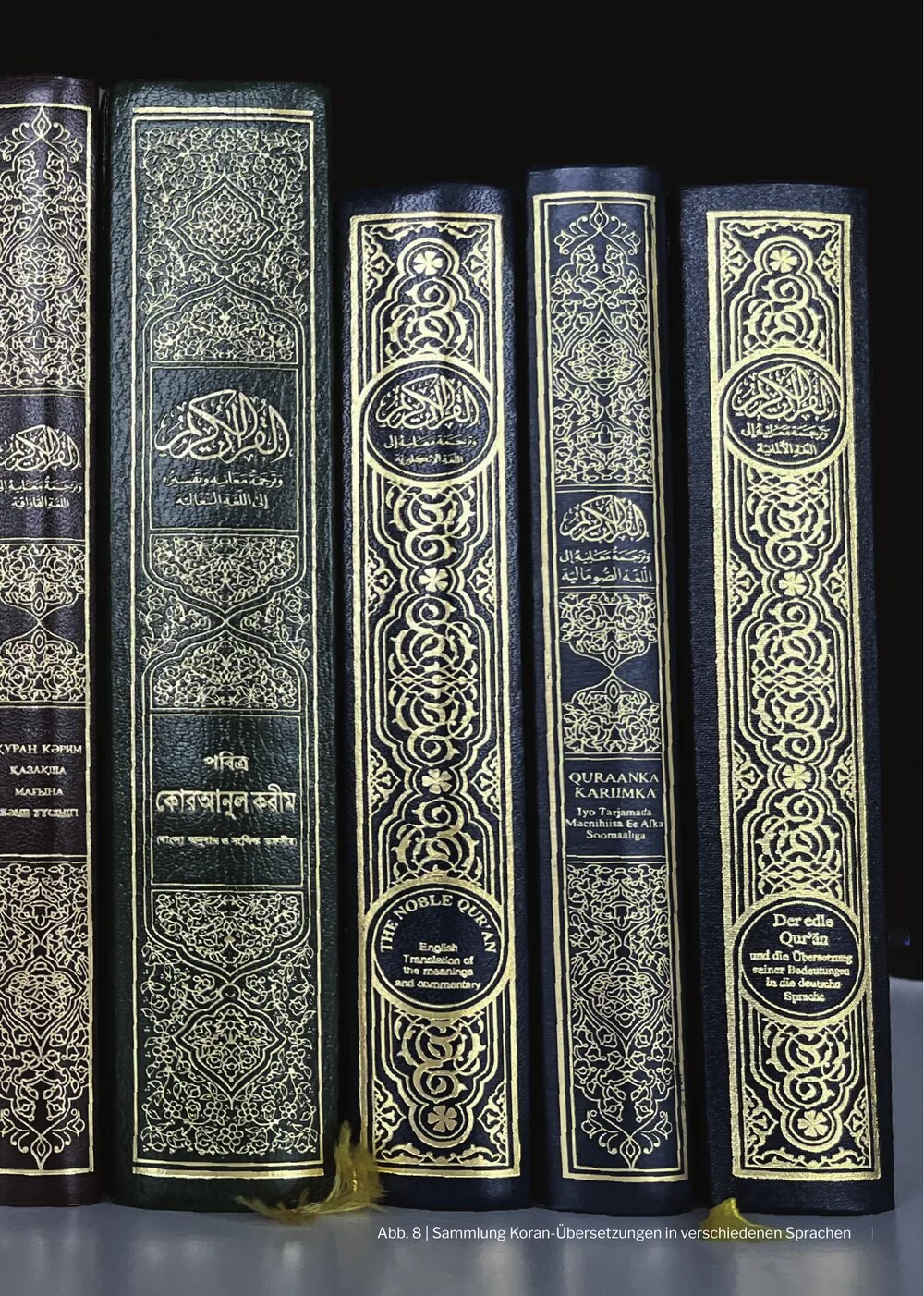 Buchrücken mehrerer Koran-Übersetzungen mit Goldprägung, unter anderem auf Kasachisch, Bengalisch, Englisch, Somali und Deutsch