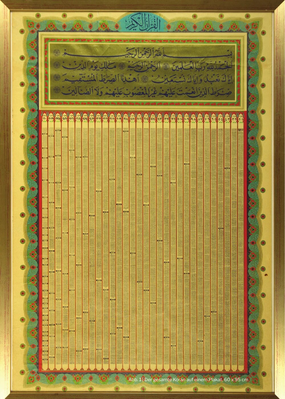 Gerahmtes Plakat, auf dem der gesamte Korantext in senkrechten Spalten auf einem einzigen Blatt gedruckt ist