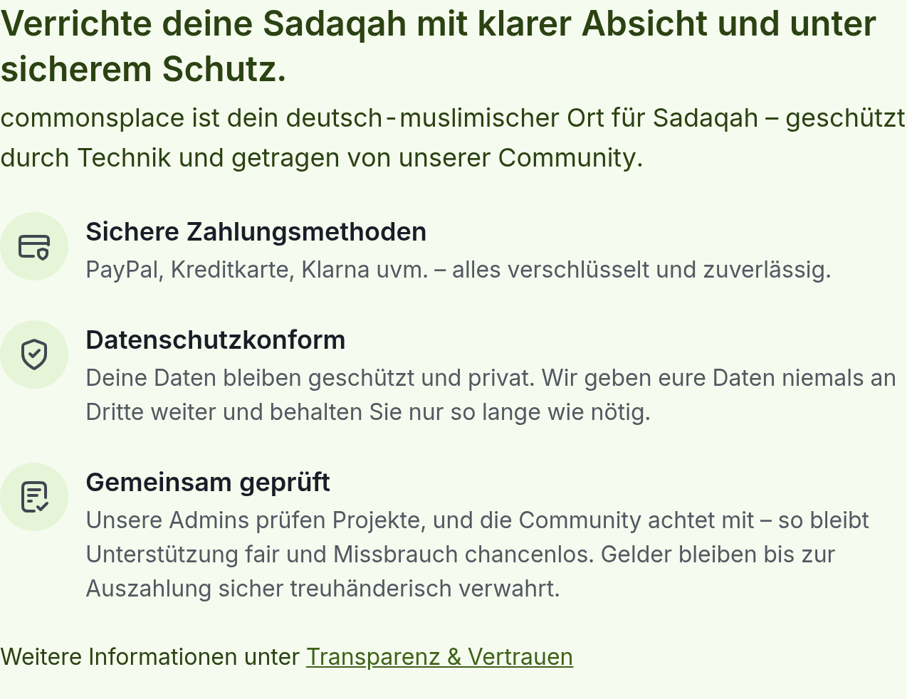 Sicherheitshinweise auf der Projektseite zu Zahlung, Datenschutz und Prüfung