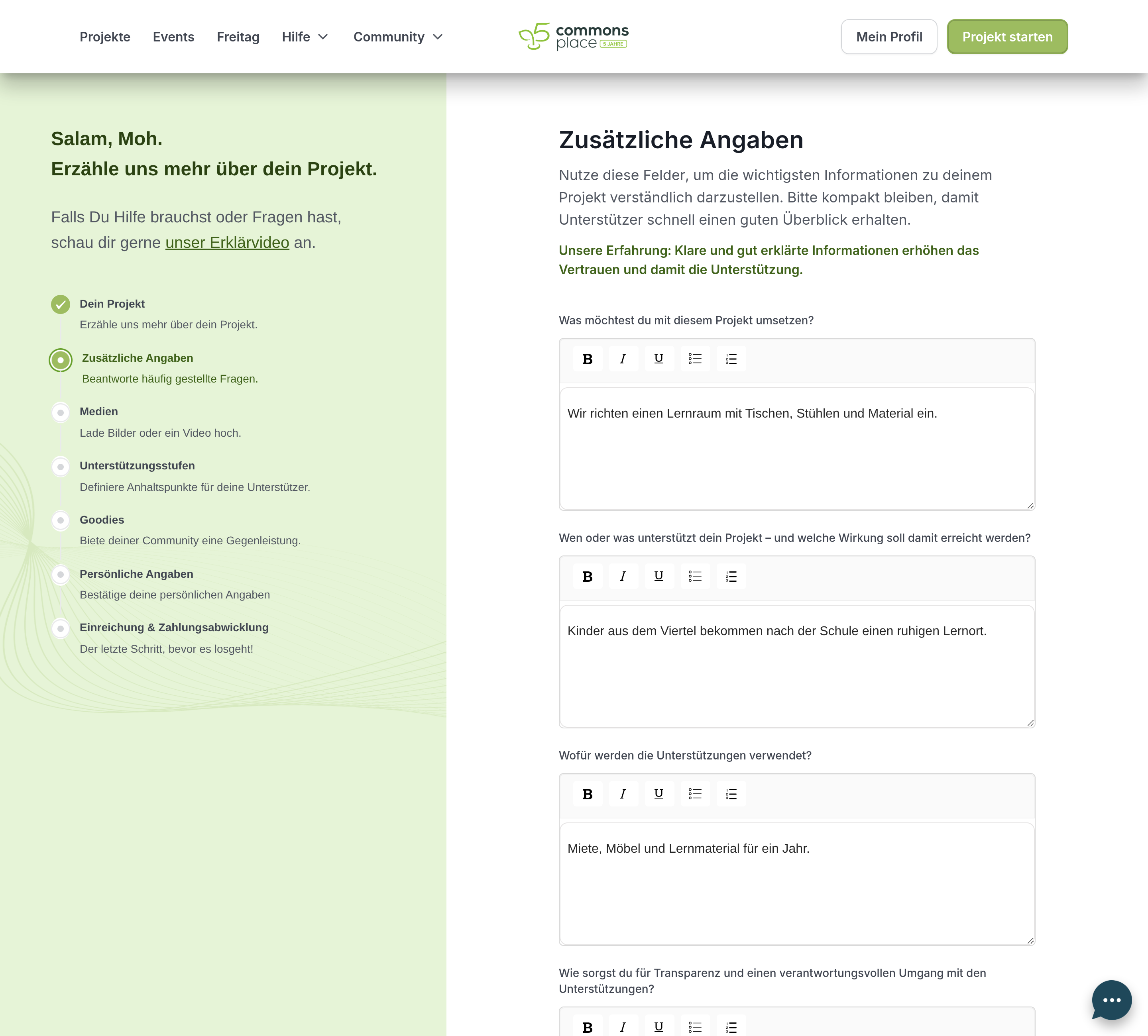 Zusätzliche Angaben im Projektformular mit formatierbaren Antwortfeldern