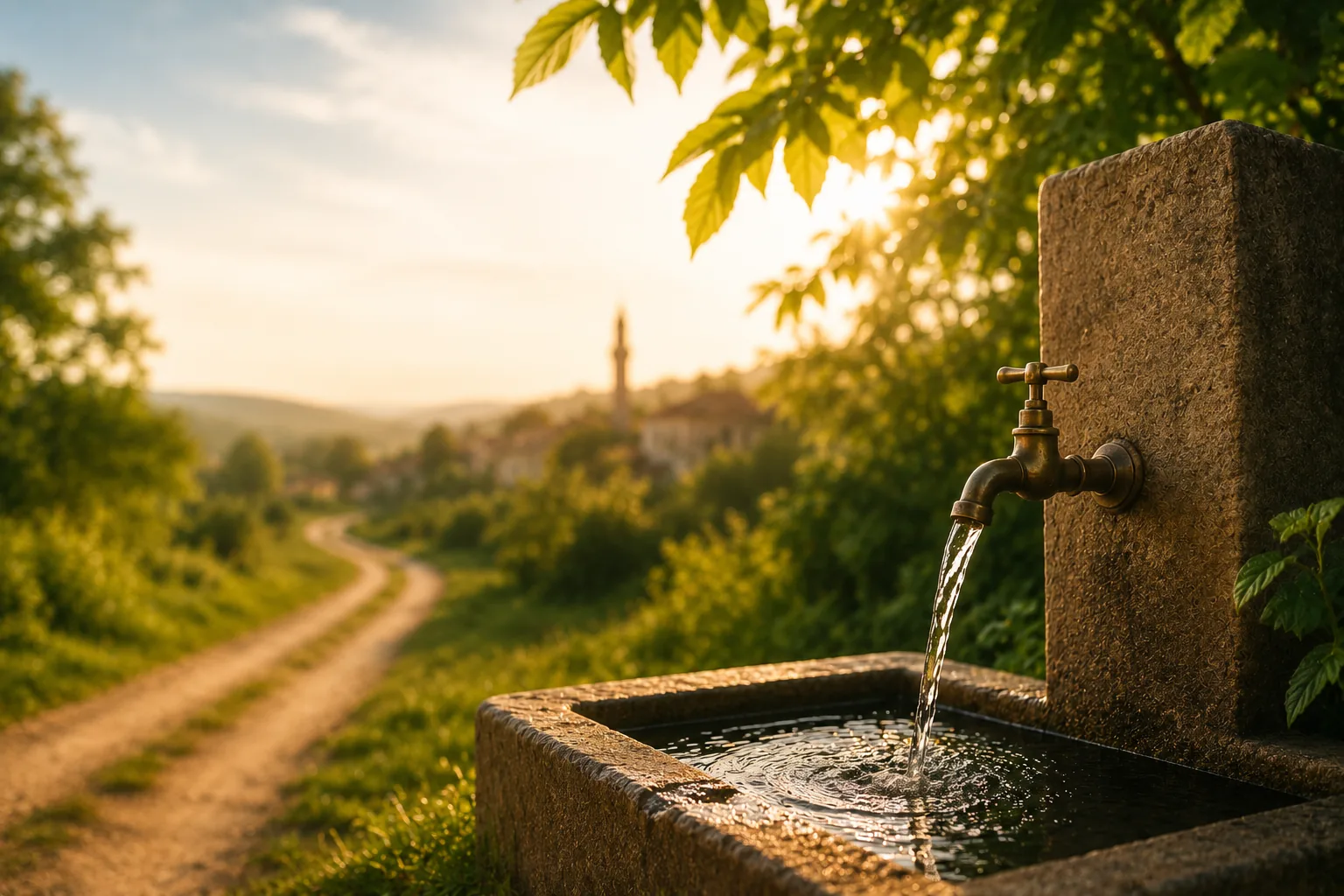 Wasser läuft aus einem gemauerten Brunnen am Rand eines Dorfes, im Hintergrund ein Minarett – ein Brunnen als Sadaqah Jariyah