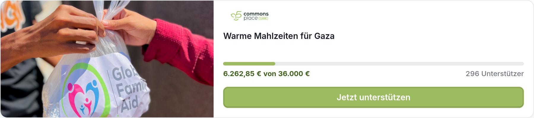 Eingebundenes commonsplace-Widget mit Projektbild, Fortschritt und Knopf