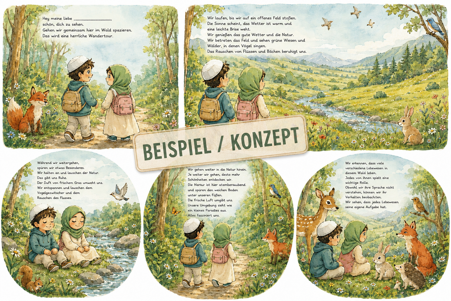 Beispielseiten aus einem geplanten islamischen Kinderbuch des Hikma Verlags mit Illustrationen von zwei Kindern in der Natur