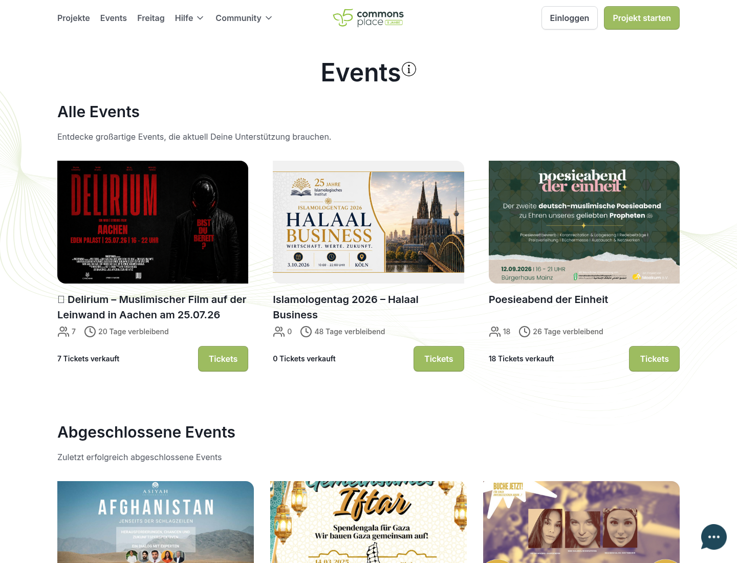 Der Eventbereich von commonsplace mit drei laufenden muslimischen Veranstaltungen und der Zahl der verkauften Tickets