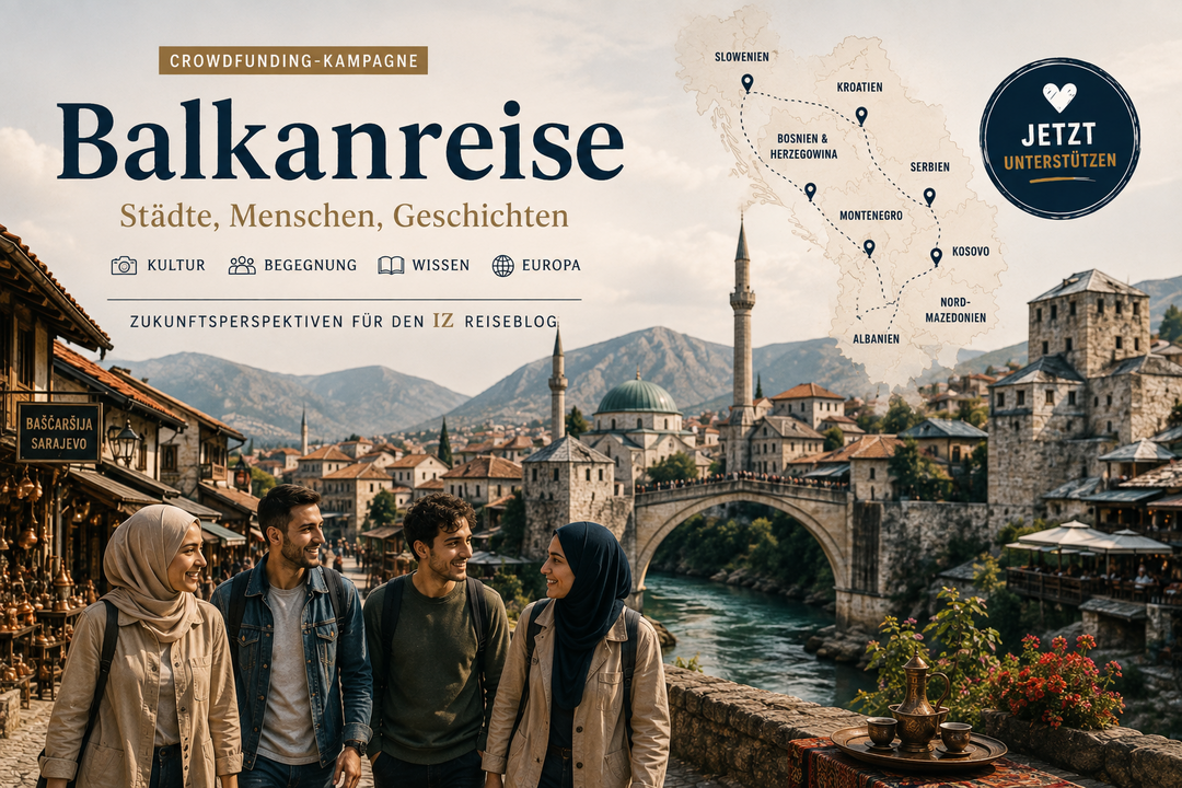 Kampagnenmotiv Balkanreise mit Karte der Reiseroute durch Bosnien, Albanien und Nordmazedonien