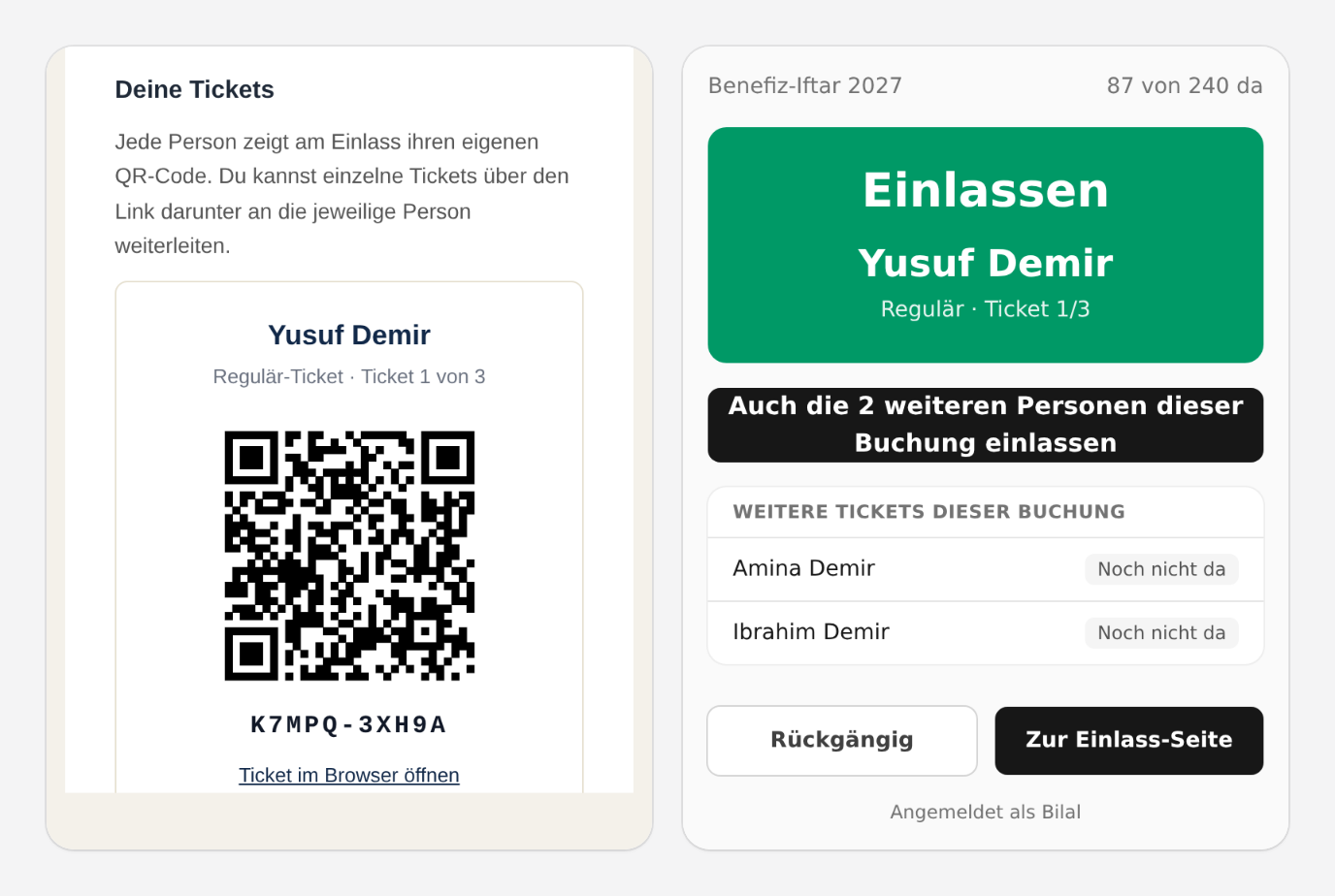 Ticket mit QR-Code und Buchungscode neben der Einlass-Ansicht am Handy mit grüner Bestätigung und den weiteren Personen der Buchung