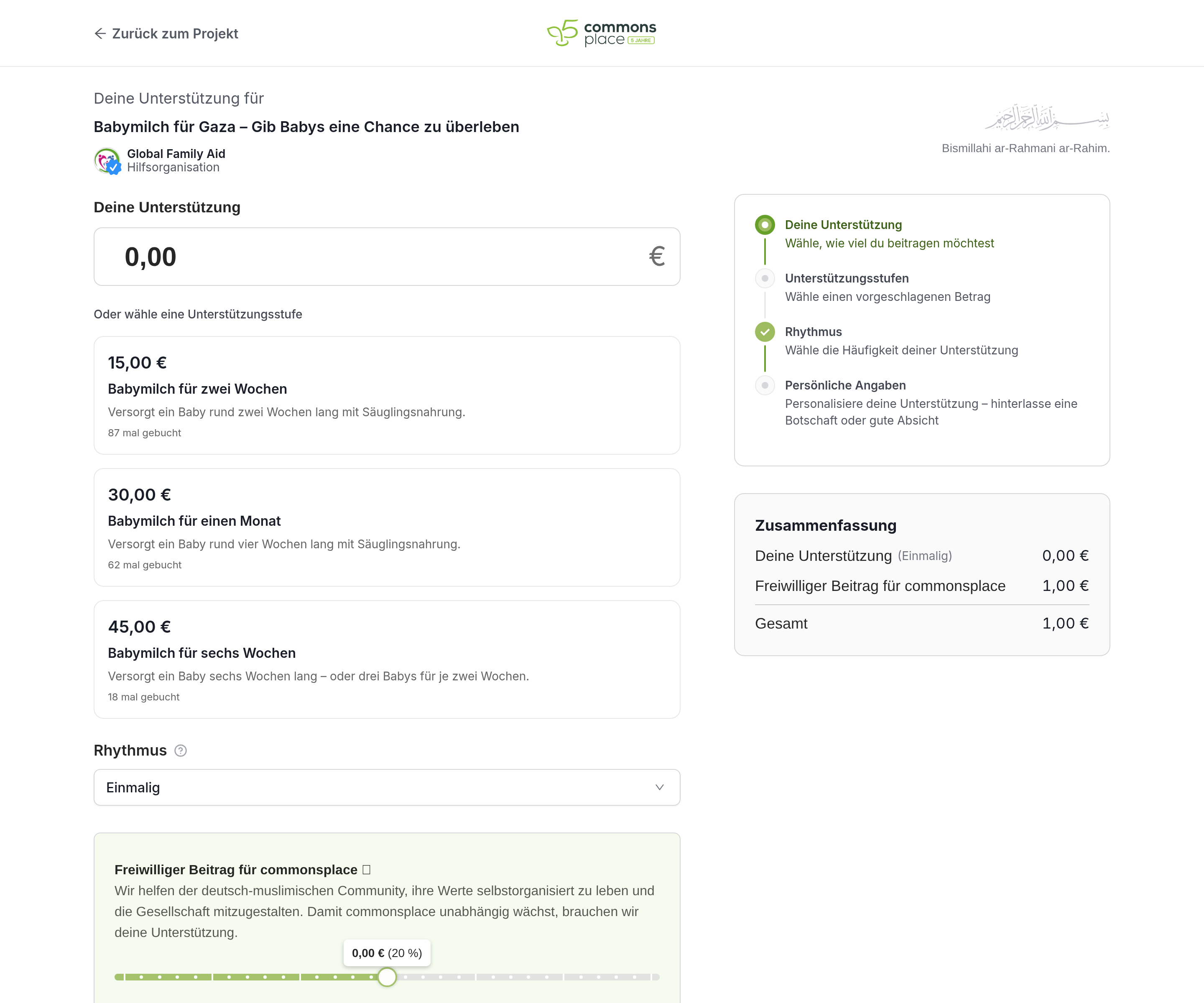 Unterstützungsstufen im Checkout mit Beträgen, Beschreibung und Buchungszahl