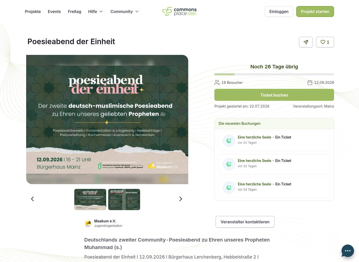 Eventseite des Poesieabends der Einheit mit Countdown, Ticketknopf und den letzten Buchungen