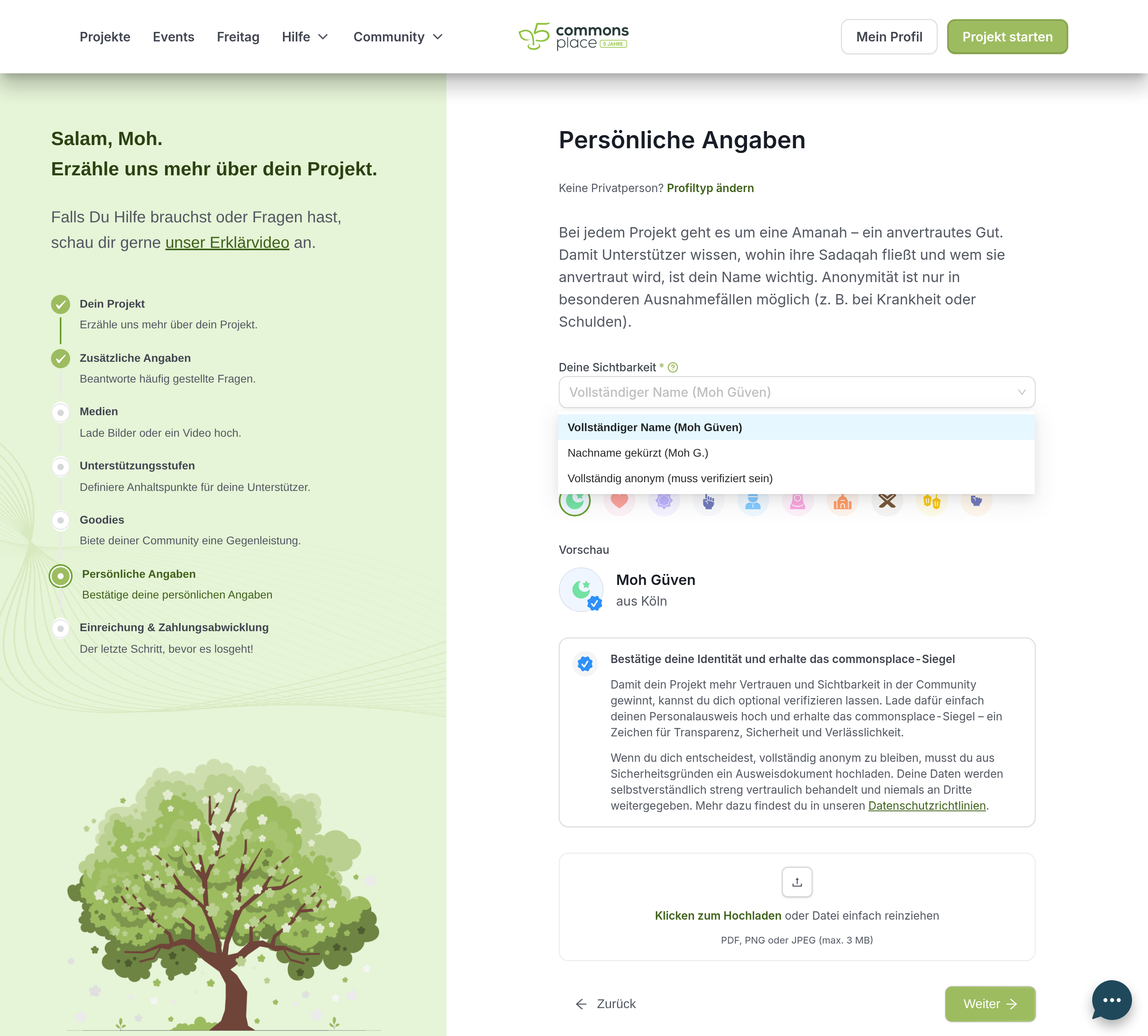 Auswahl der Sichtbarkeit im Projektformular mit Avataren und Ausweis-Upload