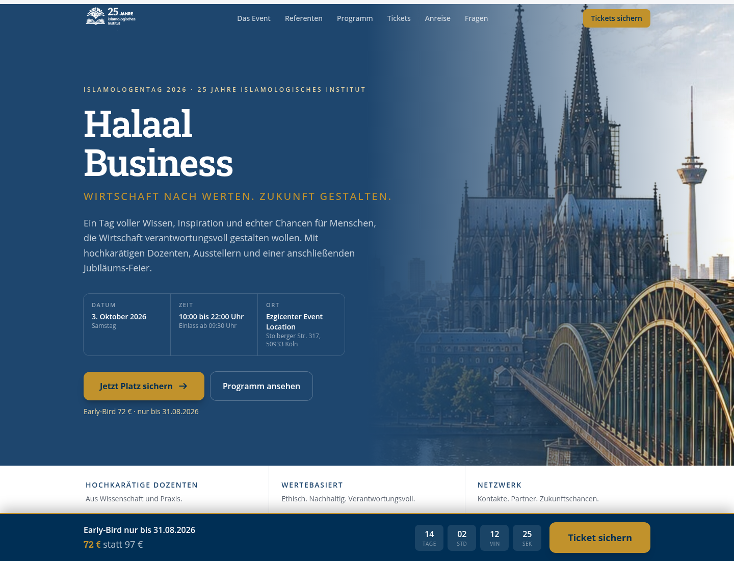 Landingpage des Islamologentags 2026 in Köln mit Datum, Ort, Frühbucherpreis und Countdown