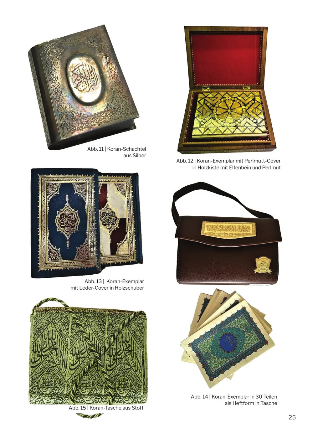 Silberne Koran-Schachtel, Holzkiste mit Perlmutt- und Elfenbeinintarsien, Ledertasche und Stofftasche für Koran-Exemplare