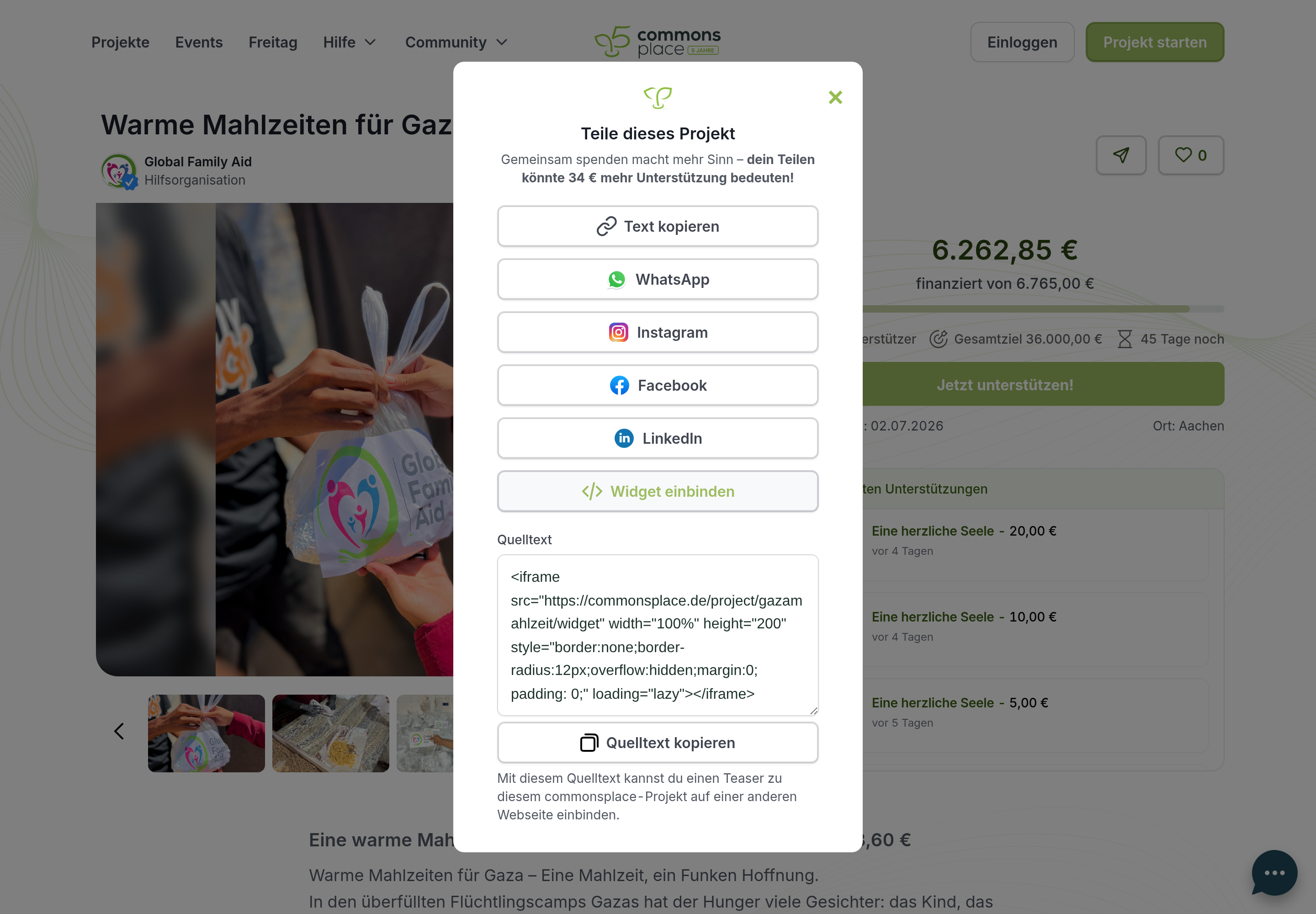 Teilen-Fenster auf commonsplace mit Optionen und Quelltext für das Widget