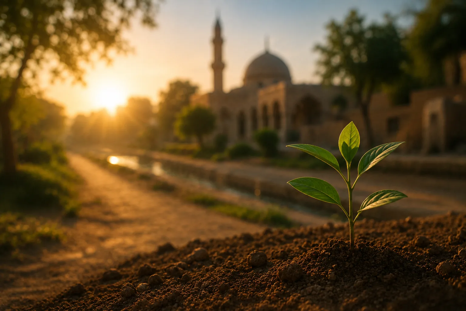 Ein junger Setzling wächst aus der Erde, im Hintergrund eine Moschee im Abendlicht – Bild für das Gleichnis vom Saatkorn in Sure 2, Vers 261